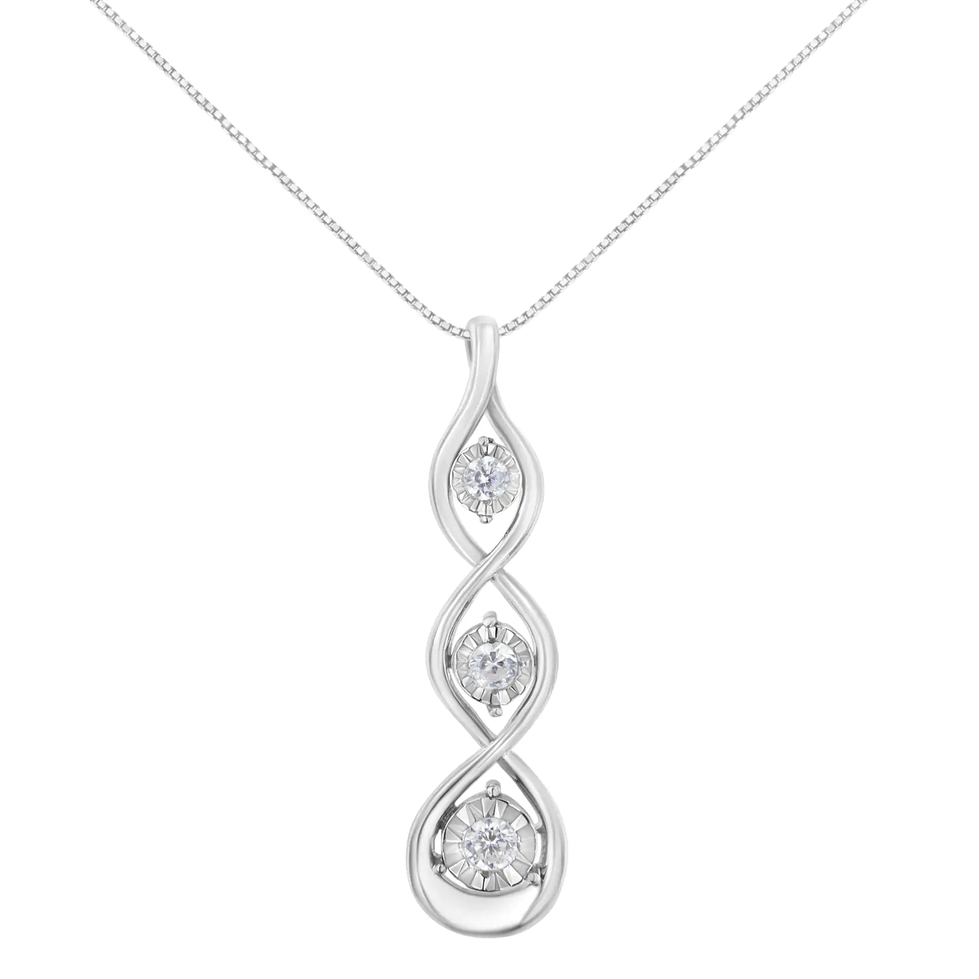 10K White Gold 1/4 cttw 3-Stone Diamond Drop Twisted Pendant Necklace (I-J, I2-I3) WEM Support (www.WEM.support)