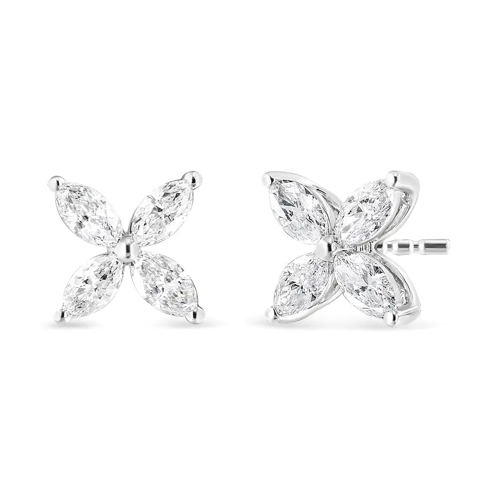 14K White Gold 1.0 Cttw Marquise Diamond 8 Stone Floral Leaf Stud Earrings (H-I Color, SI2-I1 Clarity) WEM Support (www.WEM.support)