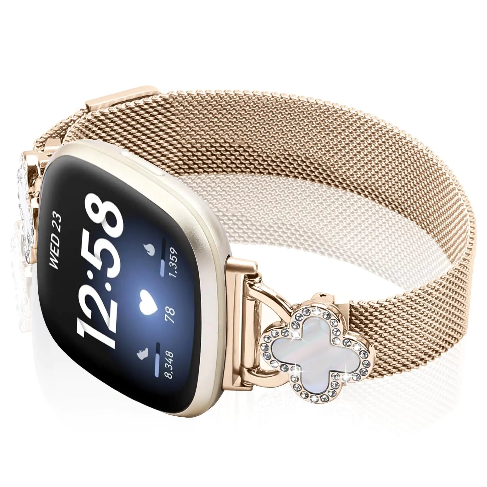 Band Compatible with Fitbit Sense/Sense 2 Versa 3/Versa 4 for Women Stainless Steel Magnetic Strap Adjustable Four Leaf Clover Watch Bands. HejK.com