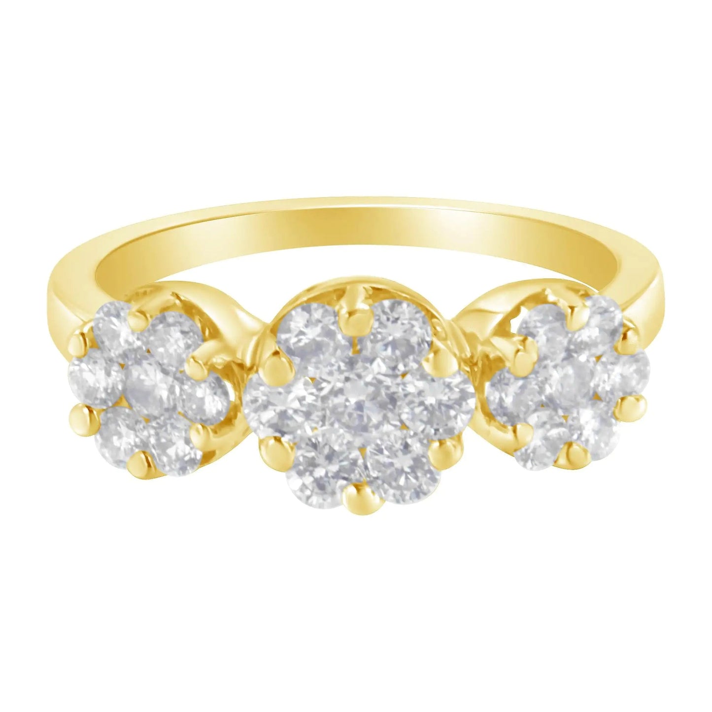 14K Yellow Gold 1-1/4 Cttw Brilliant Cut Diamond Three Round Floral Clusters Engagement or Fashion Ring (H-I Color, SI2-I1 Clarity) WEM Support (www.WEM.support)
