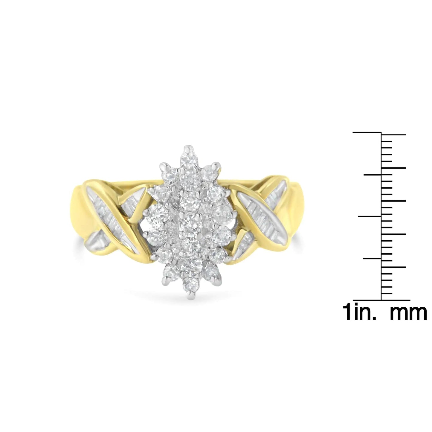 10K Two-Toned Round Baguette Diamond Cluster Ring (1/2 Cttw, I-J Color, I2-I3 Clarity) WEM Support (www.WEM.support)