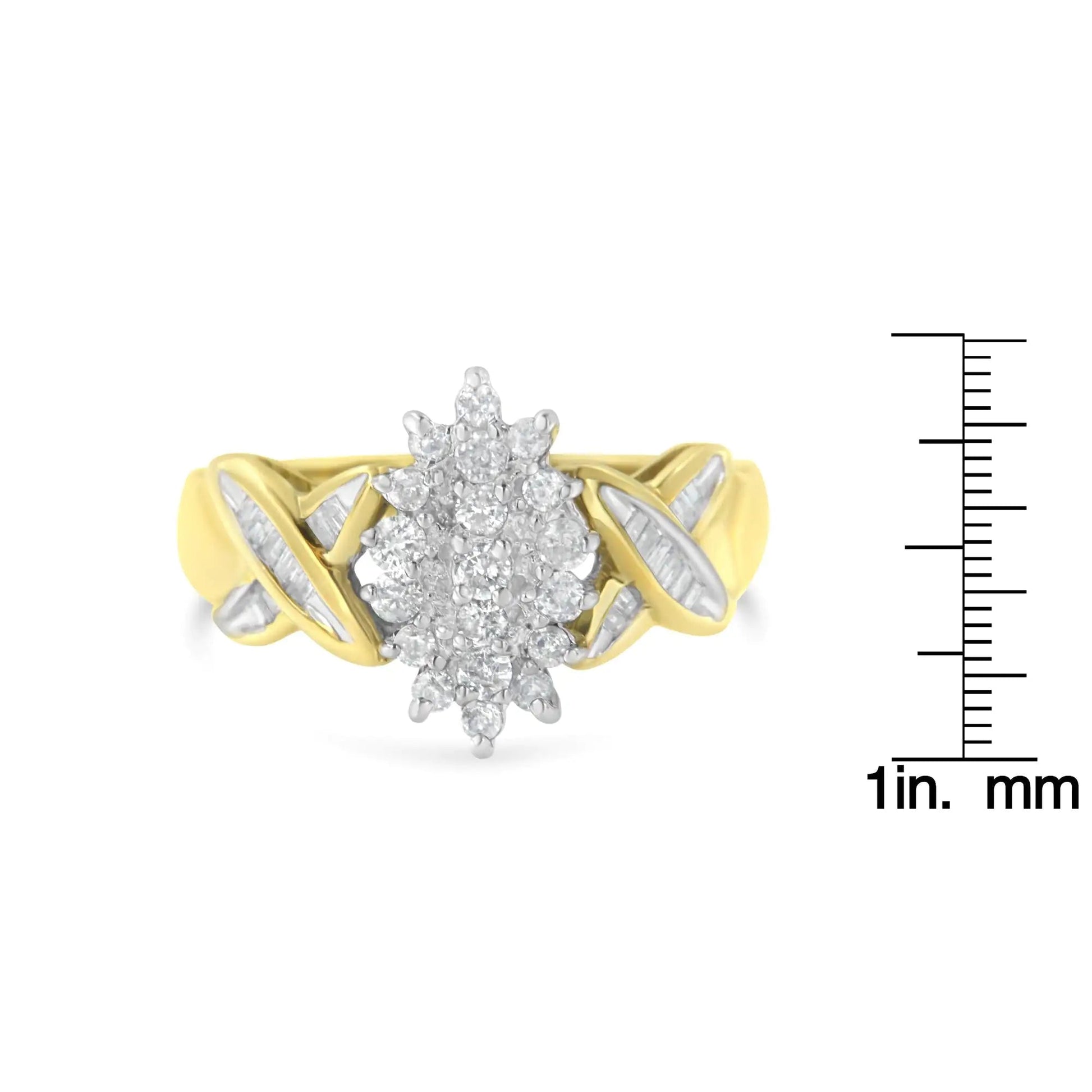 10K Two-Toned Round Baguette Diamond Cluster Ring (1/2 Cttw, I-J Color, I2-I3 Clarity) WEM Support (www.WEM.support)