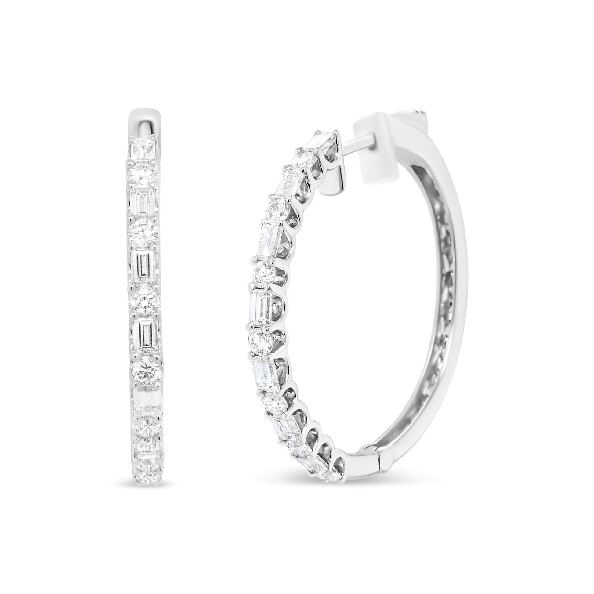 14K White Gold 1 3/4 Cttw Round and Baguette Diamond Hoop Earrings - (H-I Color, SI2-I1 Clarity) WEM Support (www.WEM.support)