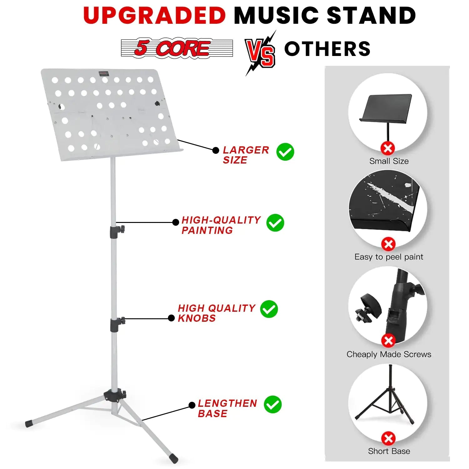 5Core Music Stand For Sheet Music Portable Tripod Adjustable Folding Note Holder White WEM Support (www.WEM.support)