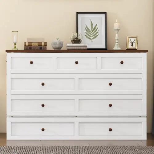 Solid Pine Murphy Bed Chest With Charging Station And Large Storage Drawer For Home Office Or Small Room , Queen, White Walnut WEM Support (www.WEM.support)