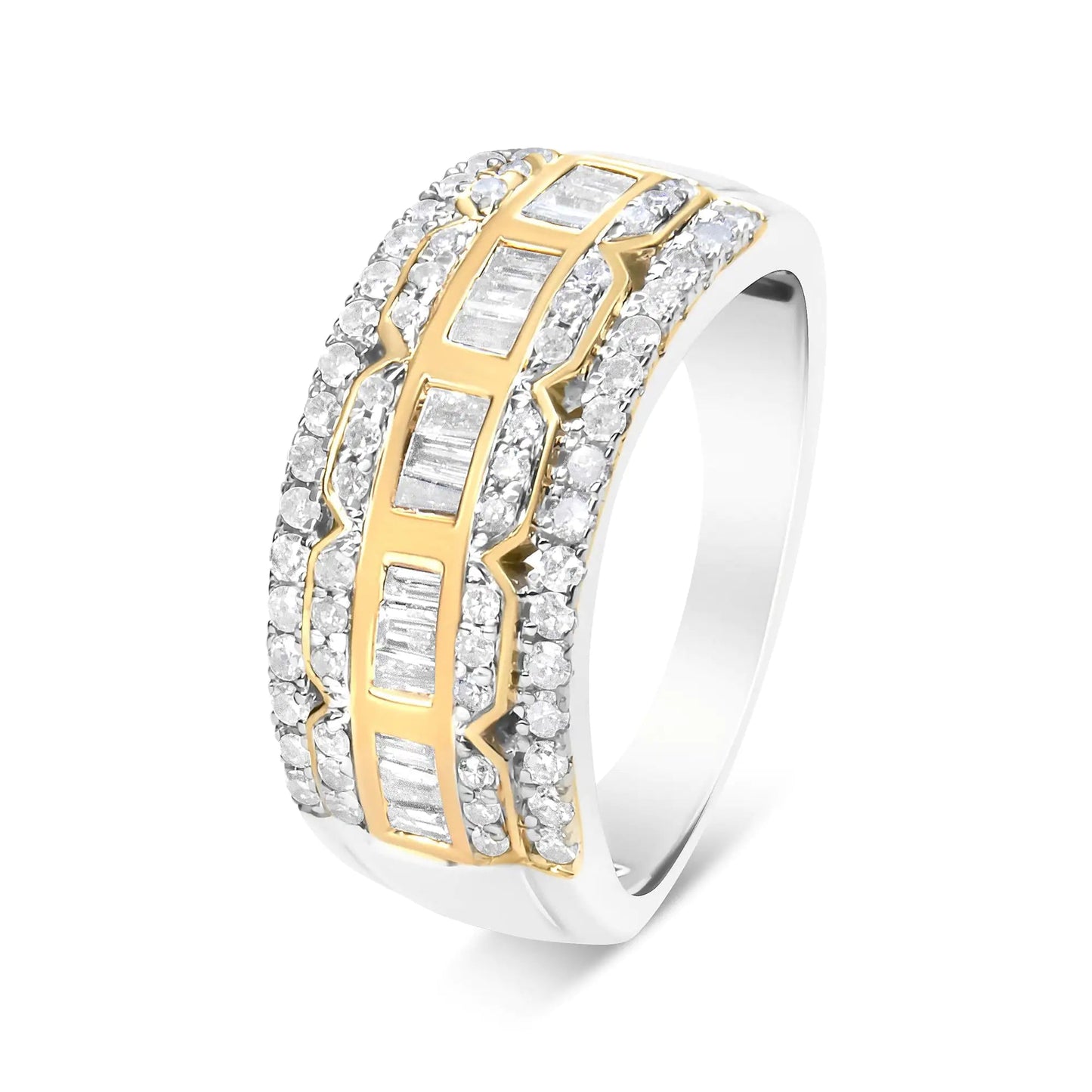 10K White and Yellow Gold 1.00 Cttw Baguette and Round cut Diamond Art Deco Multi-Row Ring Band (I-J Color, I1-I2 Clarity) WEM Support (www.WEM.support)