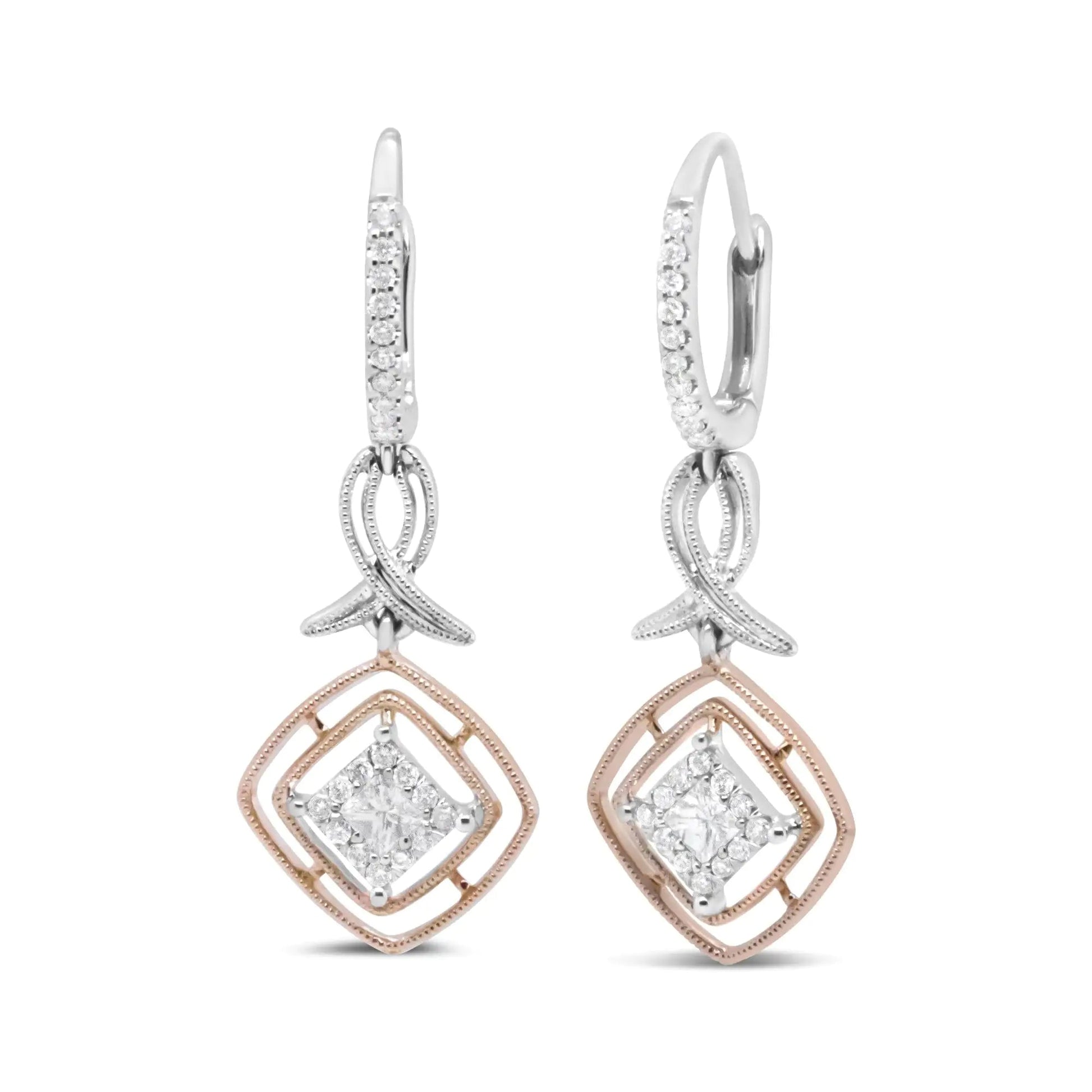 14K White and Rose Gold 1/2 Cttw Round and Princess-Cut Diamond Openwork Marquise Ribbon Dangle Earring (G-H Color, SI2-I1 Clarity) WEM Support (www.WEM.support)