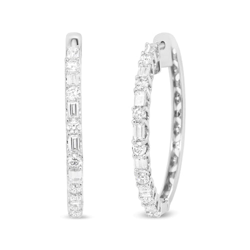 14K White Gold 1 3/4 Cttw Round and Baguette Diamond Hoop Earrings - (H-I Color, SI2-I1 Clarity) WEM Support (www.WEM.support)