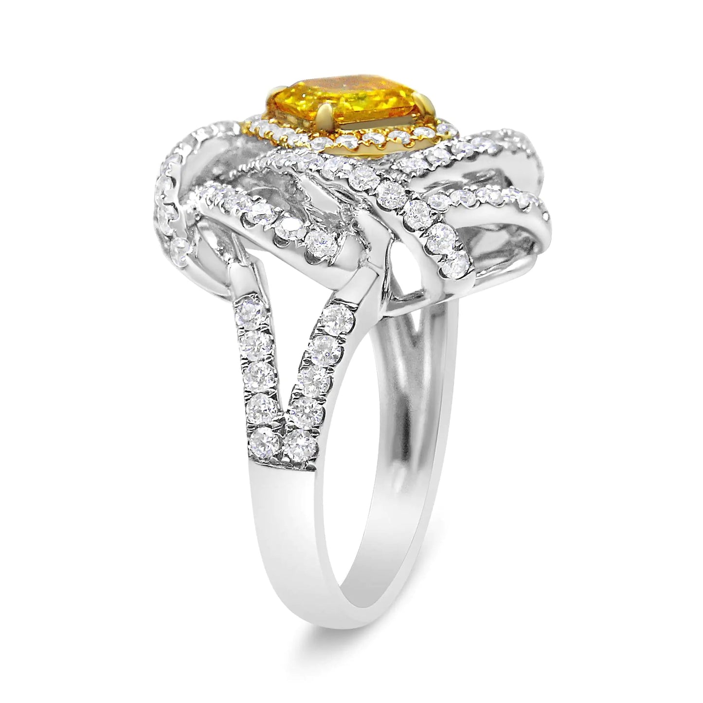 18K White and Yellow Gold 2 1/2 Cttw Yellow Asscher Lab Grown Center Diamond Cluster Swirl Ring (Yellow/G-H Color, VS1-VS2 Clarity) WEM Support (www.WEM.support)