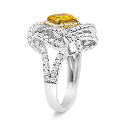 18K White and Yellow Gold 2 1/2 Cttw Yellow Asscher Lab Grown Center Diamond Cluster Swirl Ring (Yellow/G-H Color, VS1-VS2 Clarity) WEM Support (www.WEM.support)