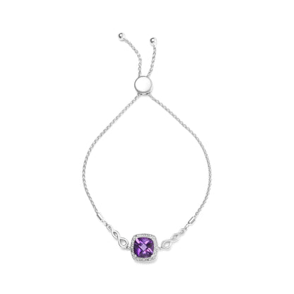 .925 Sterling Silver 10mm Cushion Cut Amethyst Gemstone and Diamond Accent Lariat 4”-10” Adjustable Bolo Bracelet (H-I Color, SI1-SI2 Clarity) WEM Support (www.WEM.support)
