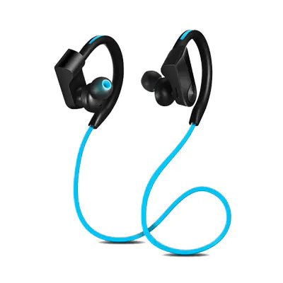 A pair of Sports Bluetooth Earphones in black with blue accents and a blue cable.