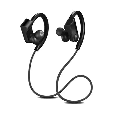 A pair of Sports Bluetooth Earphones in black with blue accents and a blue cable.