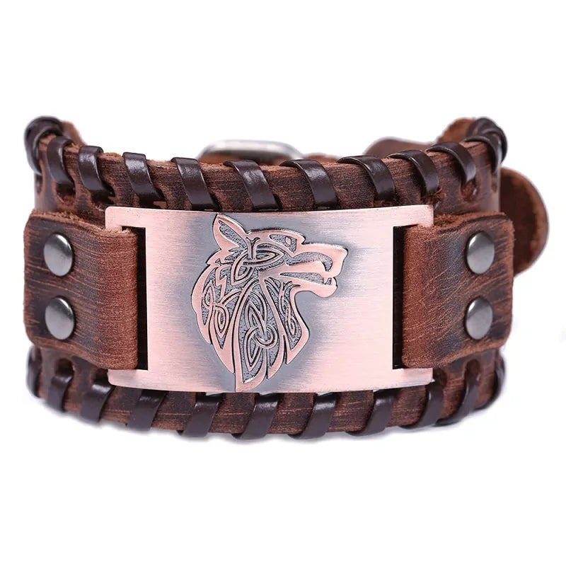 Vintage Wide Leather Woven Wolf Head Bracelet WEM Support (www.WEM.support)