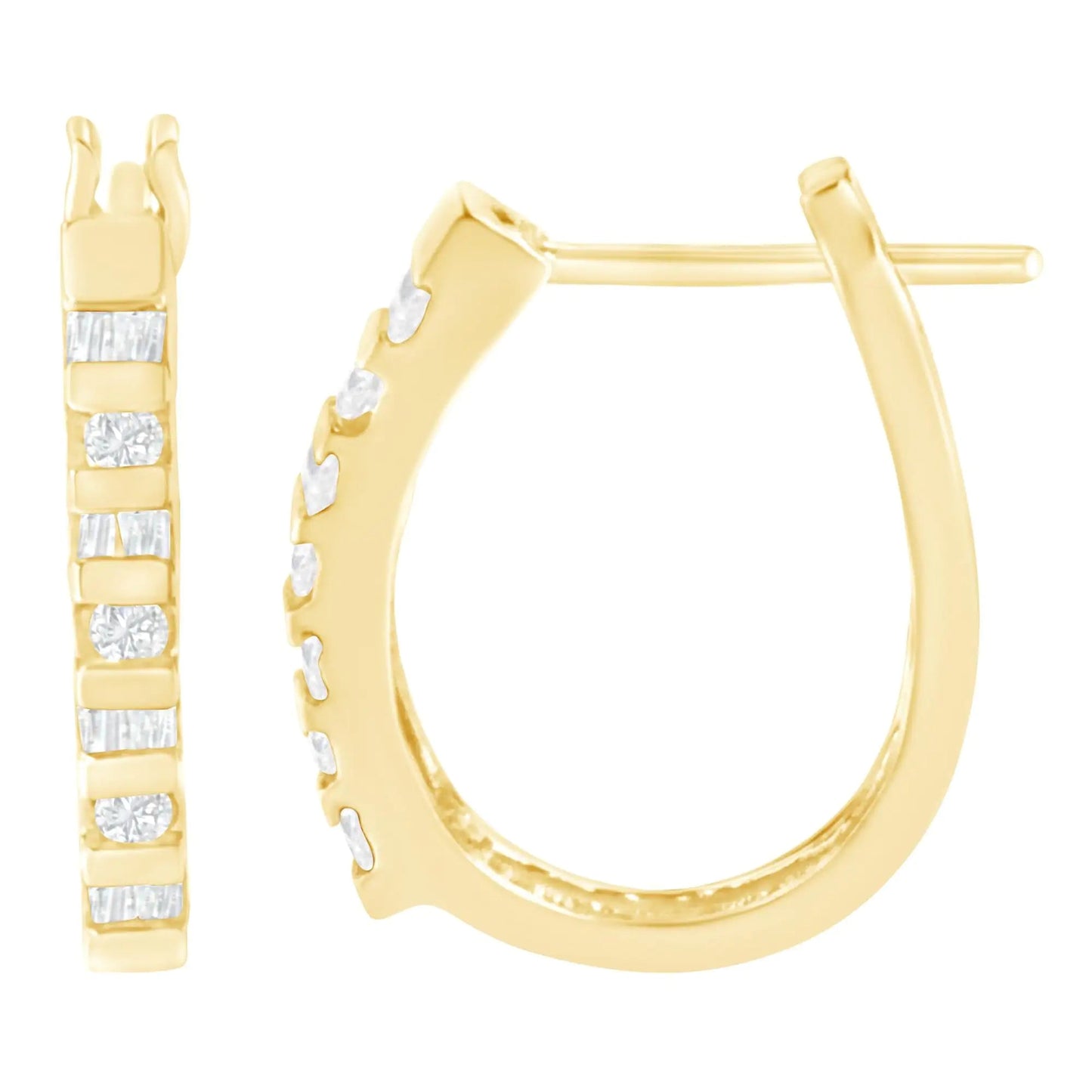 10K Yellow Gold Round and Baguette Cut Diamond Oblong Hinged Leverback Hoop Earrings (¼ Cttw, I-J Color, I2-I3 Clarity) WEM Support (www.WEM.support)