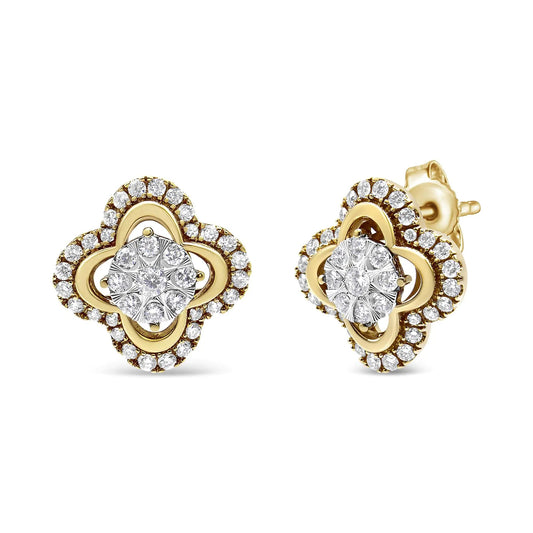 14K Yellow and White Gold 1.00 Cttw Diamond Vintage Style Fleur De Lis Halo Stud Earrings (H-I Color, SI2-I1Clarity) WEM Support (www.WEM.support)