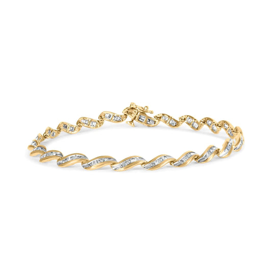 10k Yellow Gold 1.00 Cttw Baguette-Cut Diamond Spiral Link 7.50" Bracelet (I-J Color, I1-I2 Clarity) WEM Support (www.WEM.support)