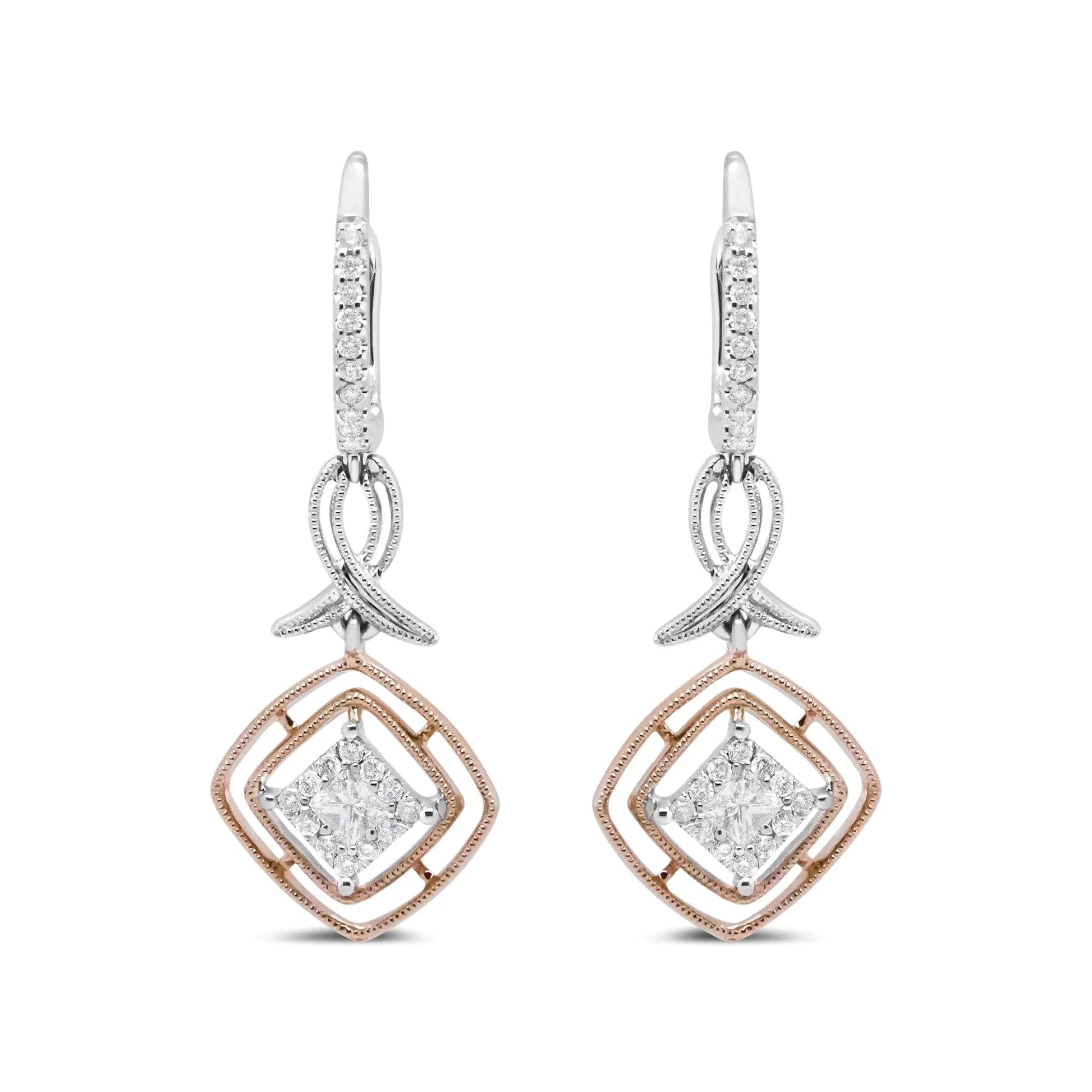 14K White and Rose Gold 1/2 Cttw Round and Princess-Cut Diamond Openwork Marquise Ribbon Dangle Earring (G-H Color, SI2-I1 Clarity) WEM Support (www.WEM.support)