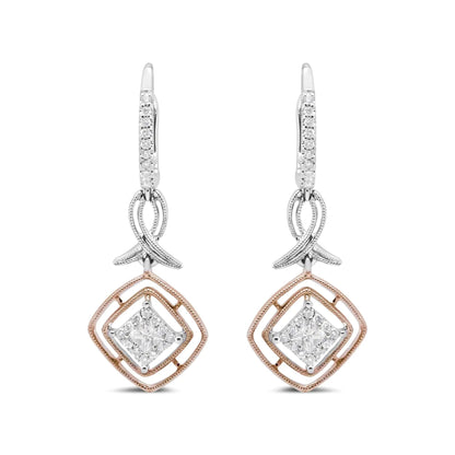14K White and Rose Gold 1/2 Cttw Round and Princess-Cut Diamond Openwork Marquise Ribbon Dangle Earring (G-H Color, SI2-I1 Clarity) WEM Support (www.WEM.support)