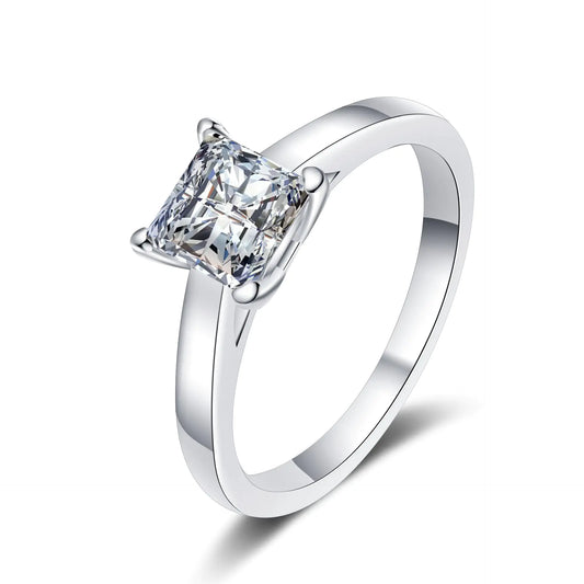 A 925 sterling silver ring with a square-shaped moissanite centerpiece stone, displayed against a white background.