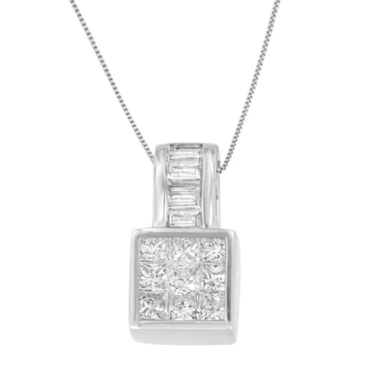14K White Gold Princess and Baguette Cut Diamond Square Halo Pendant Necklace (1 1/2 cttw, H-I Color, SI1-SI2 Clarity) WEM Support (www.WEM.support)