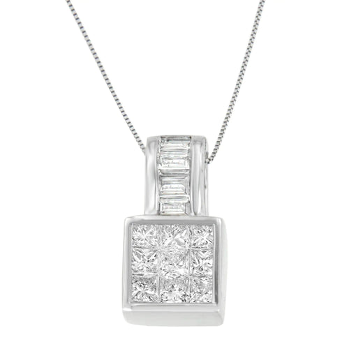 14K White Gold Princess and Baguette Cut Diamond Square Halo Pendant Necklace (1 1/2 cttw, H-I Color, SI1-SI2 Clarity) WEM Support (www.WEM.support)