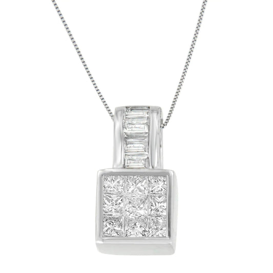 14K White Gold Princess and Baguette Cut Diamond Square Halo Pendant Necklace (1 1/2 cttw, H-I Color, SI1-SI2 Clarity) WEM Support (www.WEM.support)
