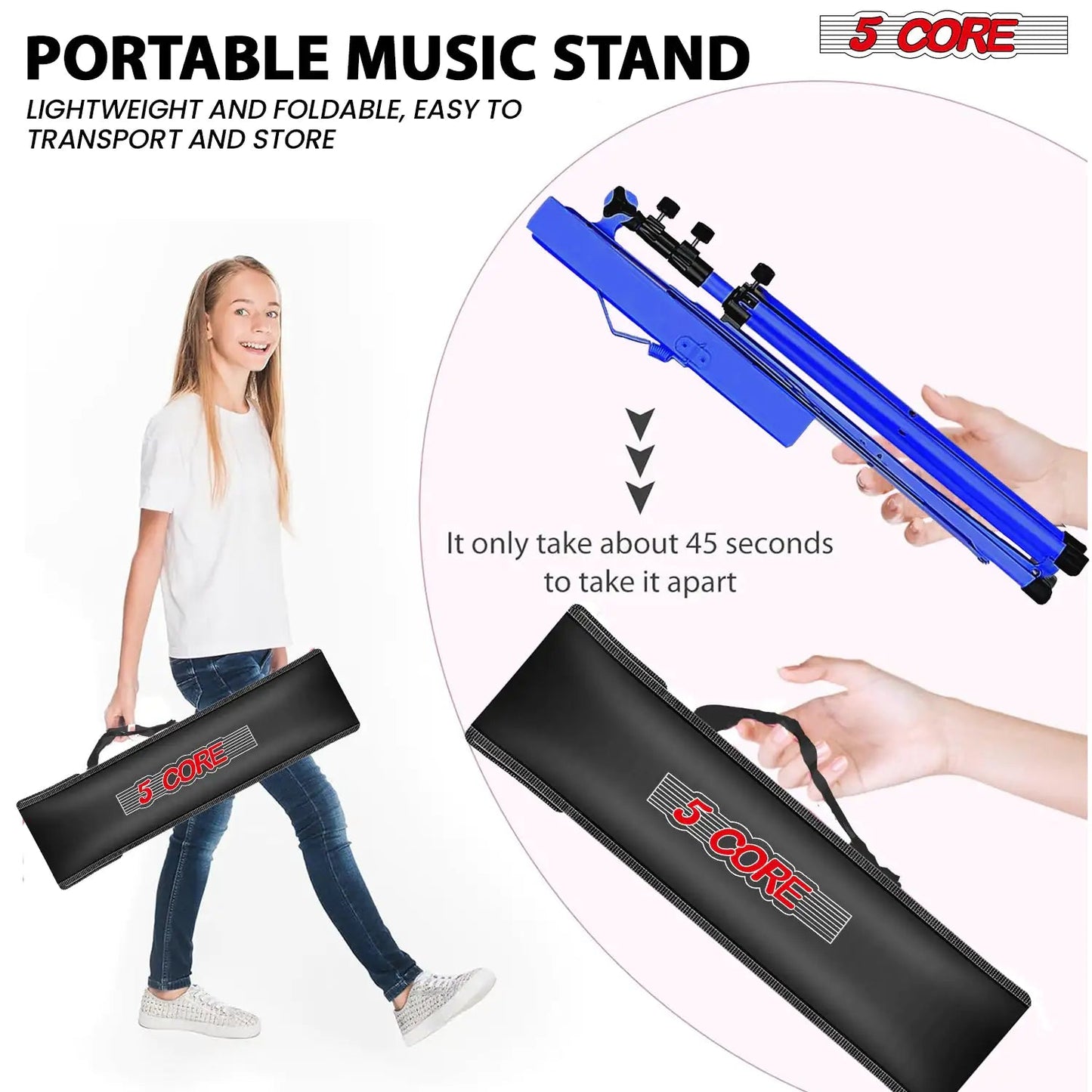 5Core Music Stand For Sheet Music Portable Tripod Adjustable Folding With Light Note Holder BLUE WEM Support (www.WEM.support)