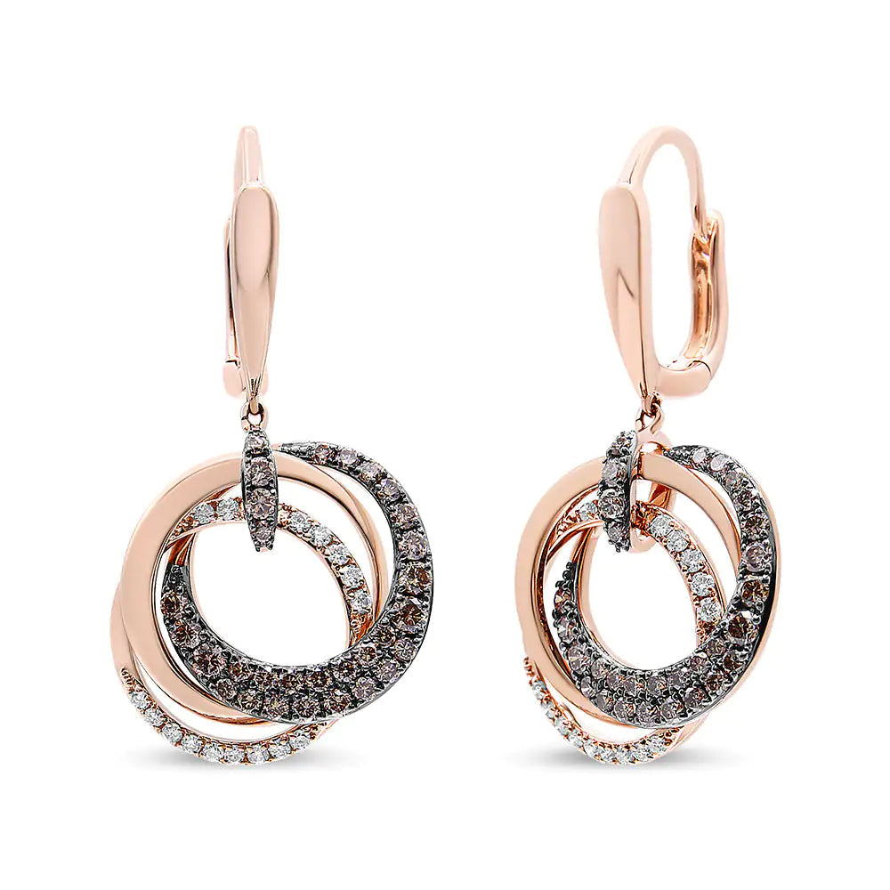 14K Rose Gold 1.00 Cttw White and Brown Diamond Intertwining Hoops and Circle Dangle Earrings (H-I/Brown Color, SI1-SI2 Clarity) WEM Support (www.WEM.support)