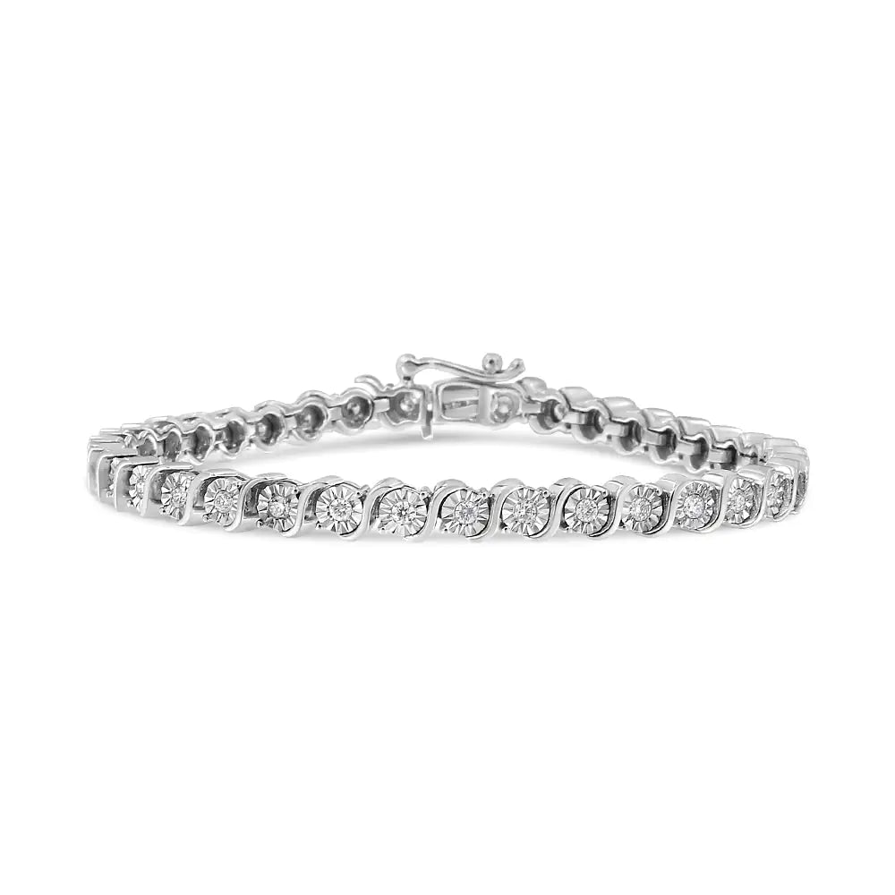 14K White Gold 1.00 Cttw Lab Grown Diamond Round Miracle Plate and "S" Link Tennis Bracelet (F-G Color, VS2-SI1 Clarity) Size 7" WEM Support (www.WEM.support)