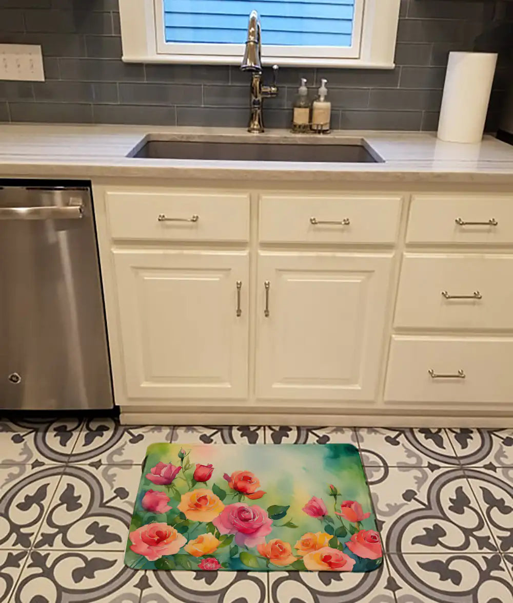 Roses in Watercolor Memory Foam Kitchen Mat WEM Support (www.WEM.support)