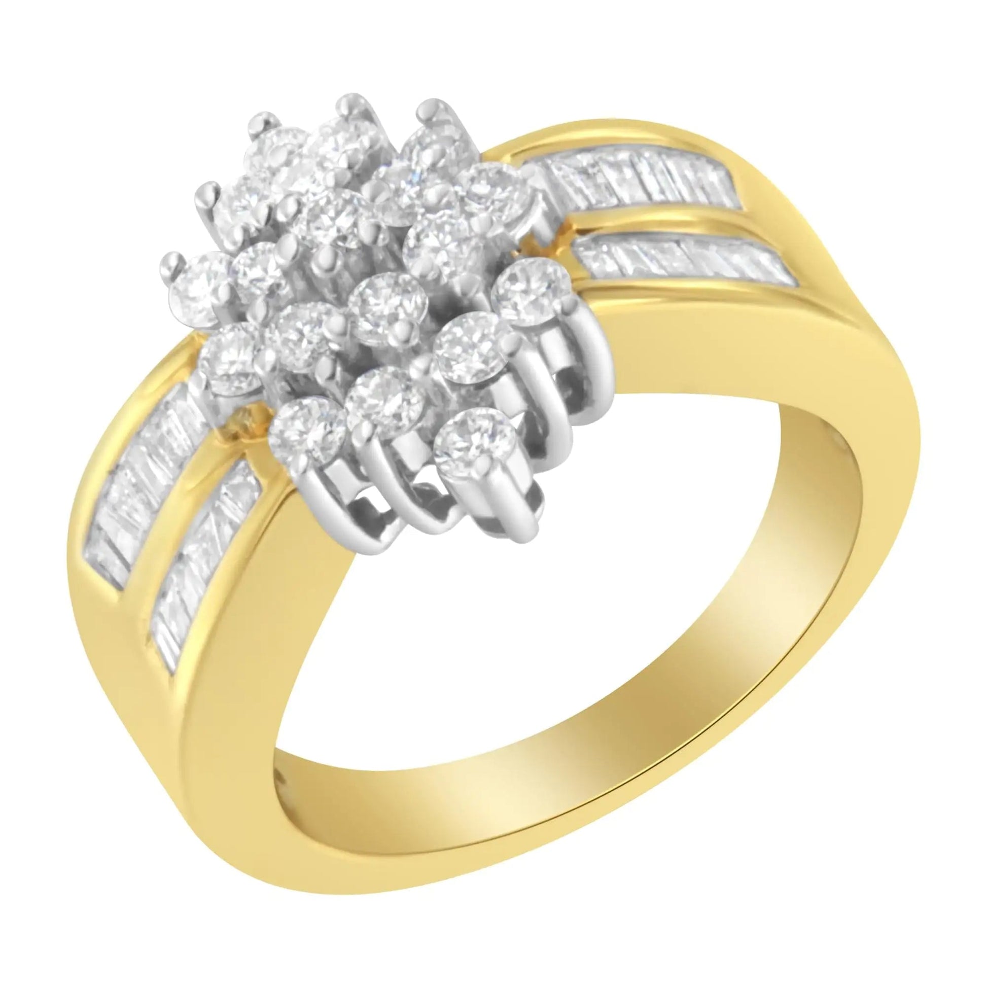 10K Yellow Gold 1.0 Cttw Round & Baguette Cut Diamond Floral Cluster Double-Channel Flared Band Statement Ring (H-I Color, SI2-I1 Clarity) WEM Support (www.WEM.support)