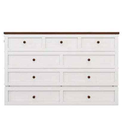 Solid Pine Murphy Bed Chest With Charging Station And Large Storage Drawer For Home Office Or Small Room , Queen, White Walnut WEM Support (www.WEM.support)