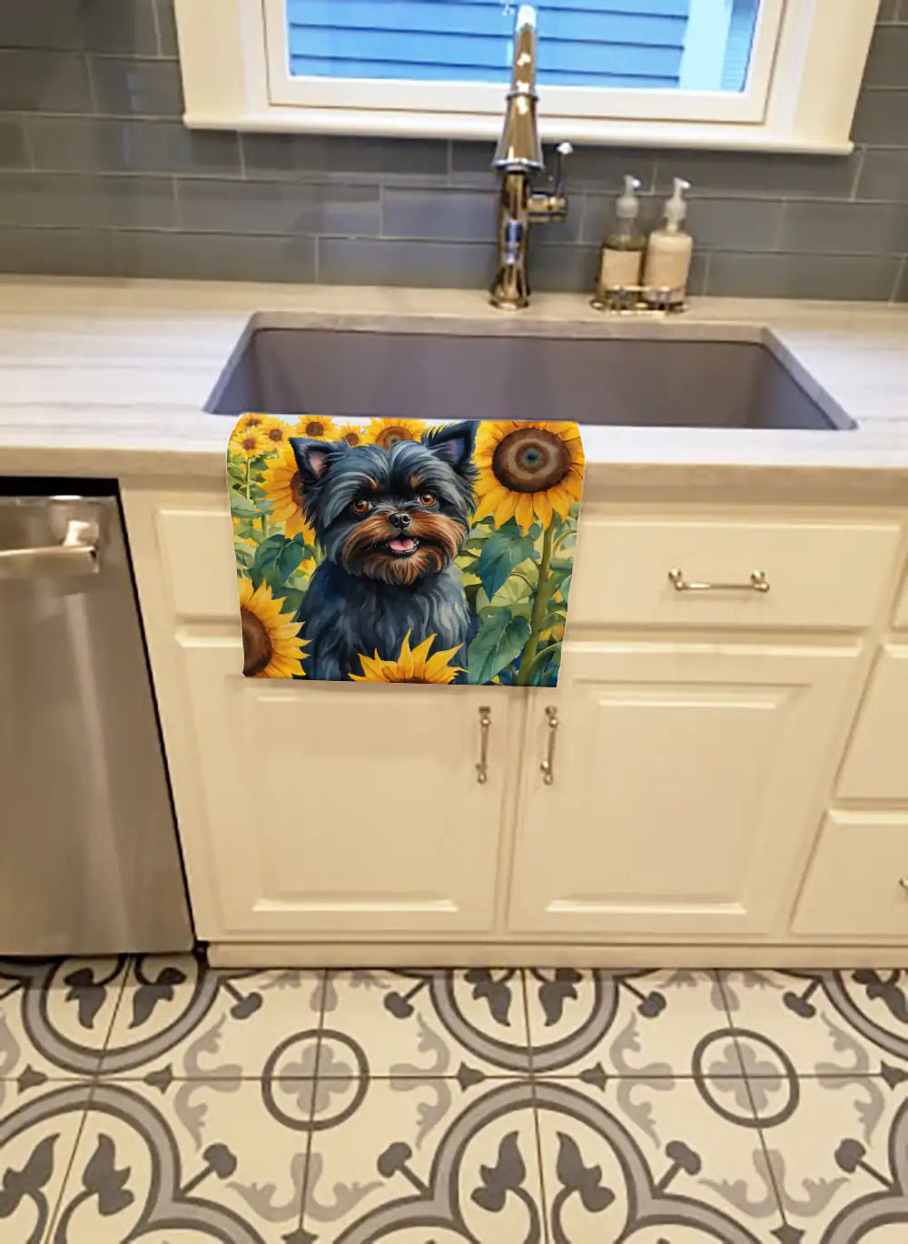 Affenpinscher in Sunflowers Kitchen Towel WEM Support (www.WEM.support)