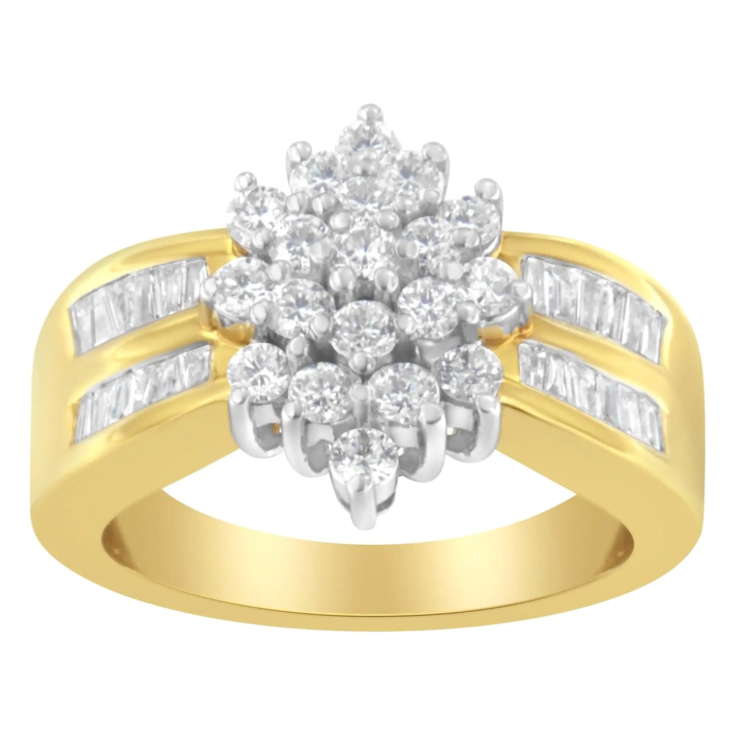 10K Yellow Gold 1.0 Cttw Round & Baguette Cut Diamond Floral Cluster Double-Channel Flared Band Statement Ring (H-I Color, SI2-I1 Clarity) WEM Support (www.WEM.support)