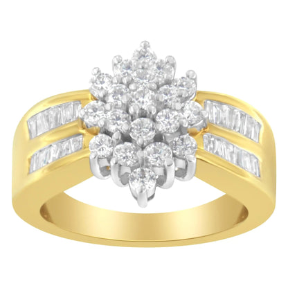 10K Yellow Gold 1.0 Cttw Round & Baguette Cut Diamond Floral Cluster Double-Channel Flared Band Statement Ring (H-I Color, SI2-I1 Clarity) WEM Support (www.WEM.support)