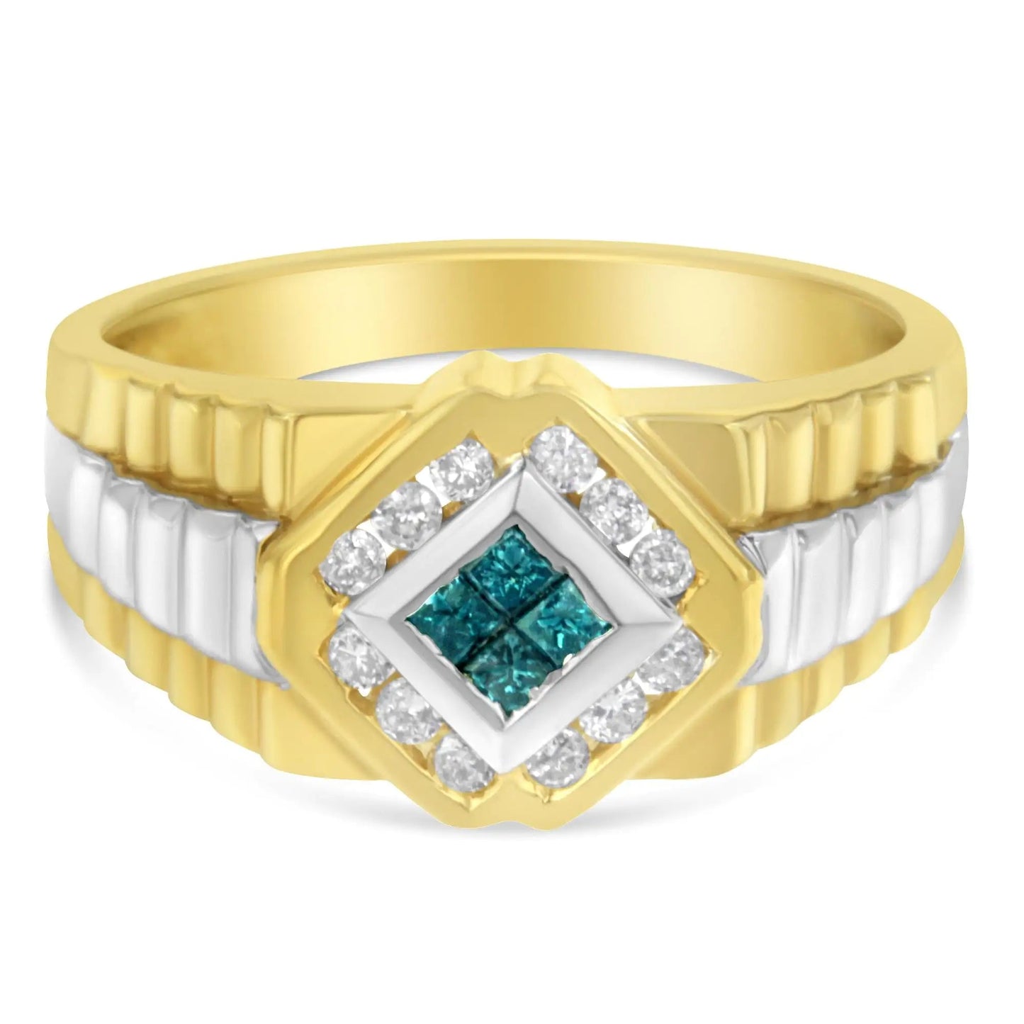 Men's 14kt Yellow and White Gold 1/2 cttw Treated Blue Princess-Cut and White Round-cut Diamond Signet Ring(Treated Blue/H-I,SI2-I1) WEM Support (www.WEM.support)