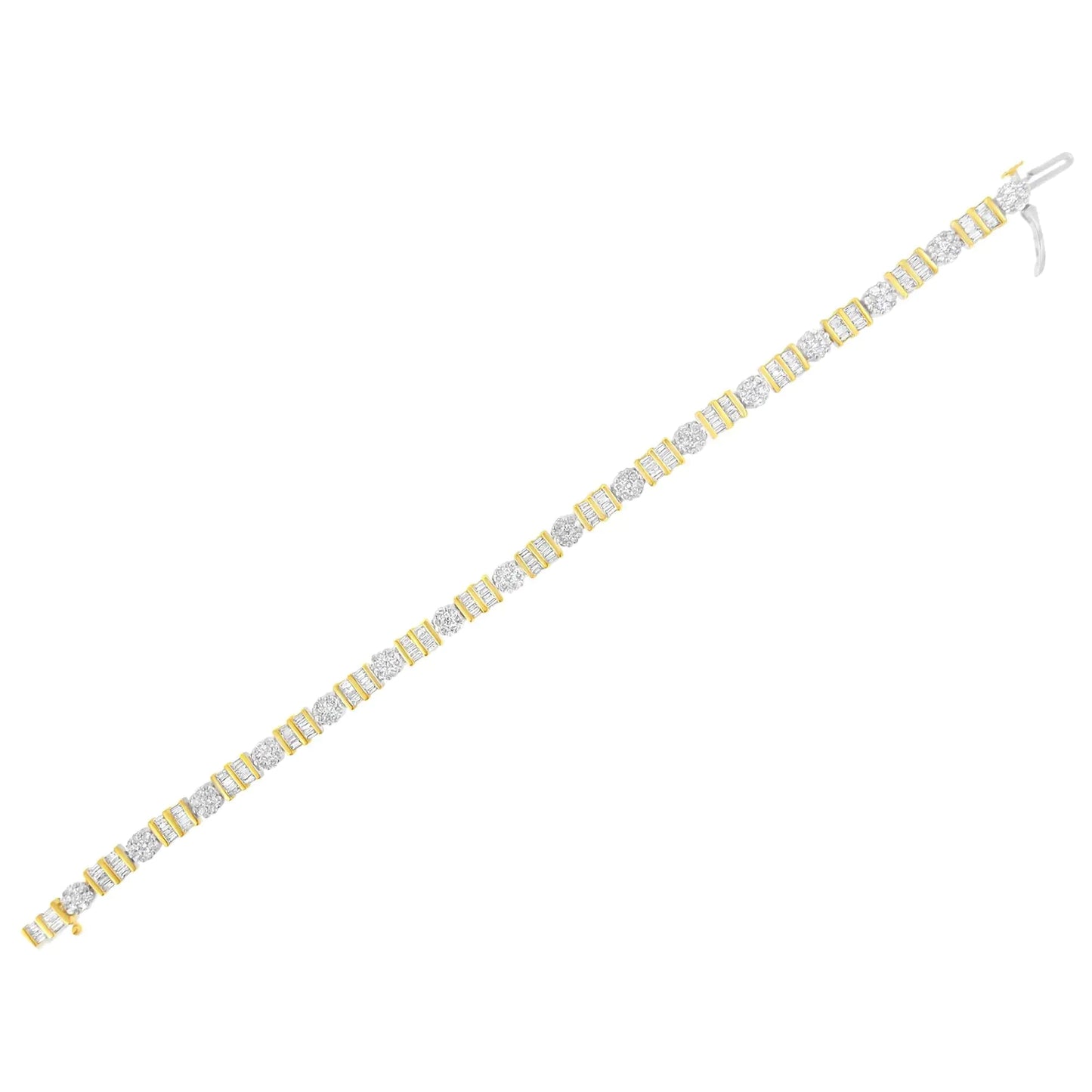 14K Gold 3-3/8 Cttw Round & Baguette-Cut Diamond Cluster Alternating Station 7" Tennis Bracelet (H-I Color, I1-I2 Clarity) WEM Support (www.WEM.support)