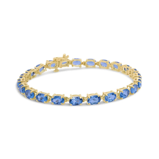 10K Yellow Gold and 4 Prong Set 6X4 MM Blue Topaz Link Tennis Bracelet - Size 7 Inches WEM Support (www.WEM.support)