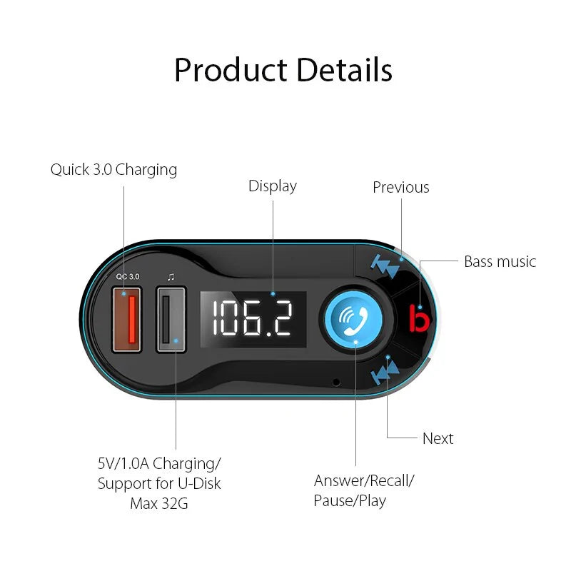 Transmissor FM Modulador Bluetooth Player de Música para Carro WEM Support (www.WEM.support)