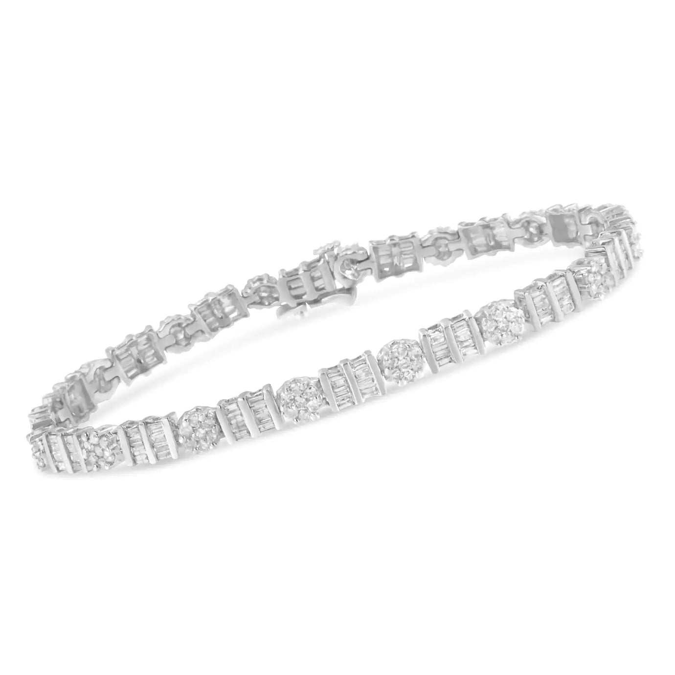 14K Gold 3-3/8 Cttw Round & Baguette-Cut Diamond Cluster Alternating Station 7" Tennis Bracelet (H-I Color, I1-I2 Clarity) WEM Support (www.WEM.support)