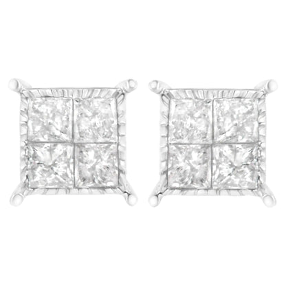 Boucles d'Oreilles Carrées en Or Blanc 10K avec Diamant de Coupe Princesse (3/4 cttw, Couleur I-J, Clarté I2-I3) WEM Support (www.WEM.support)