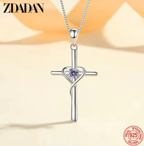 ZDADAN 925 Silver Blue Zircon Cross Pendant Necklace for Women WEM Support (www.WEM.support)