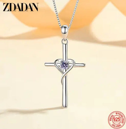 ZDADAN 925 Silver Blue Zircon Cross Pendant Necklace for Women WEM Support (www.WEM.support)