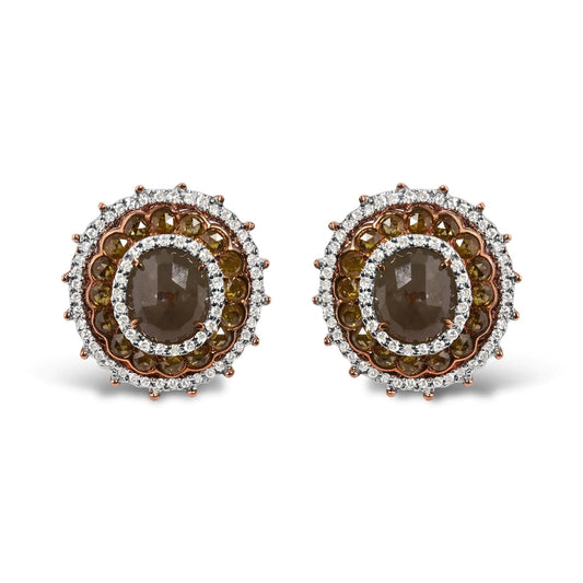 14K Rose Gold 3 1/2 Cttw Fancy Rose Cut Diamond Circle Shaped Triple Halo Stud Earring (Fancy Color, I2-I3 clarity) WEM Support (www.WEM.support)