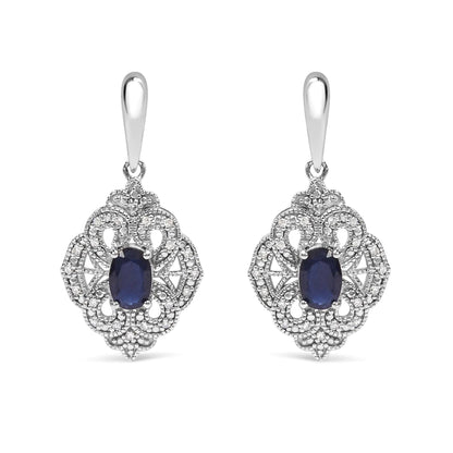 .925 Sterling Silver 6x4 MM Oval Blue Sapphire and White Diamond Accent Art Deco Style Shield Dangle Earring (I-J Color, I3 Clarity) WEM Support (www.WEM.support)
