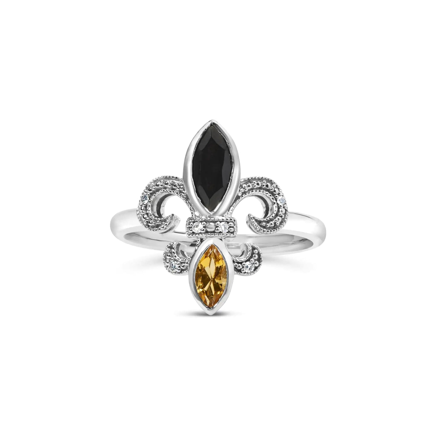 .925 Sterling Silver Black Onyx and Yellow Citrine Marquise and Diamond Accent Fleur De Lis Ring (H-I Color, SI1-SI2 Clarity) WEM Support (www.WEM.support)