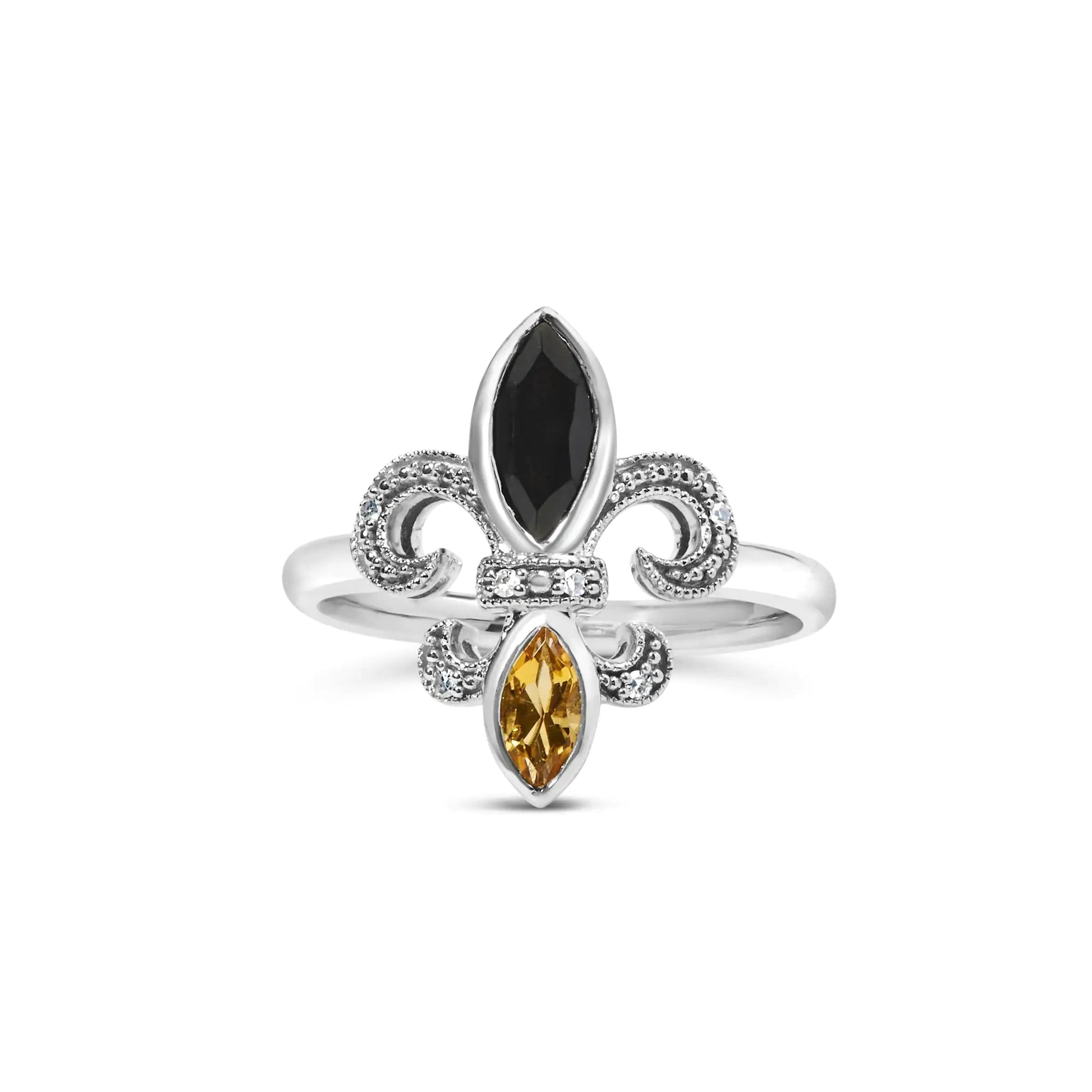 .925 Sterling Silver Black Onyx and Yellow Citrine Marquise and Diamond Accent Fleur De Lis Ring (H-I Color, SI1-SI2 Clarity) WEM Support (www.WEM.support)