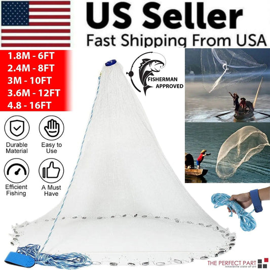 6/8/10/12/16FT Fishing Cast Net Bait Easy Throw Hand Cast Strong Nylon Mesh USA WEM Support (www.WEM.support)