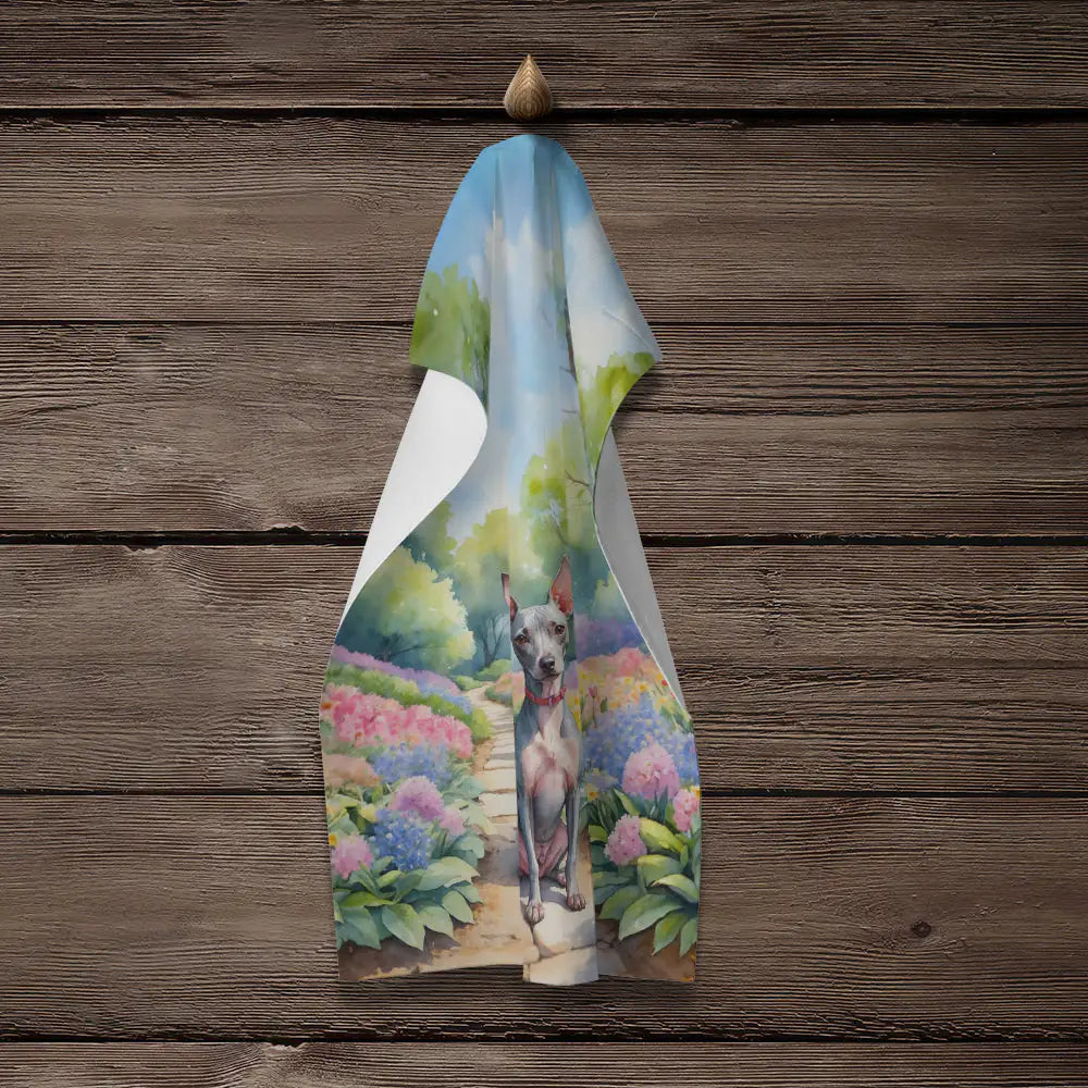 American Hairless Terrier Spring Garden Kitchen Towel WEM Support (www.WEM.support)